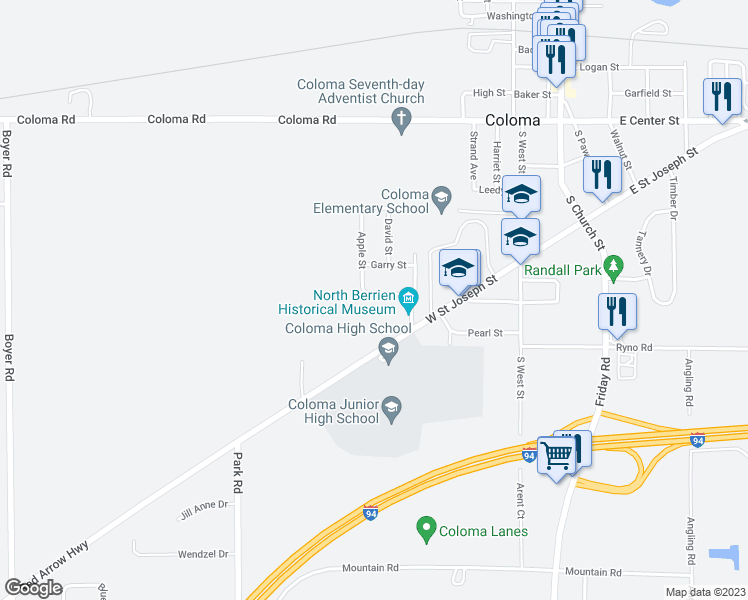 map of restaurants, bars, coffee shops, grocery stores, and more near 380 Cherry Street in Coloma