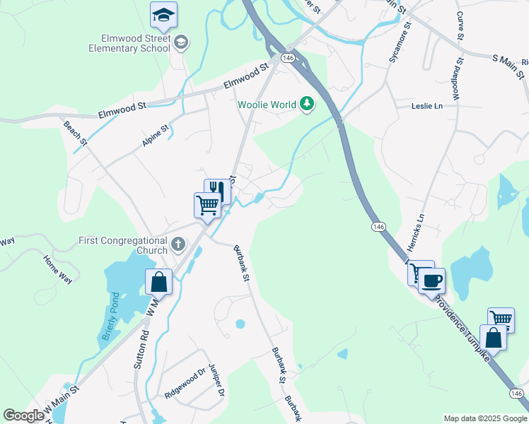 map of restaurants, bars, coffee shops, grocery stores, and more near 30 Rhodes Street in Millbury