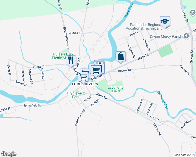 map of restaurants, bars, coffee shops, grocery stores, and more near 2033 Main Street in Palmer