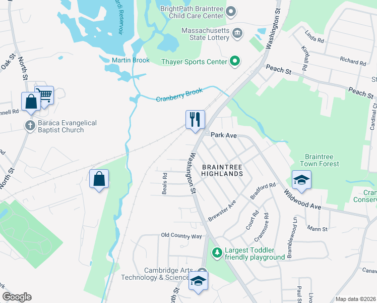 map of restaurants, bars, coffee shops, grocery stores, and more near 1756 Washington Street in Braintree