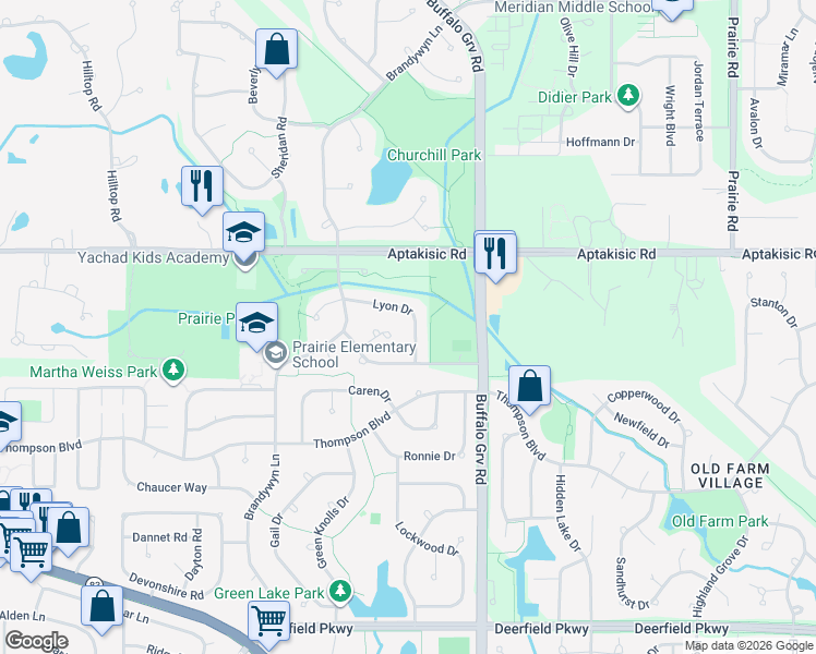 map of restaurants, bars, coffee shops, grocery stores, and more near 506 Lyon Drive in Buffalo Grove