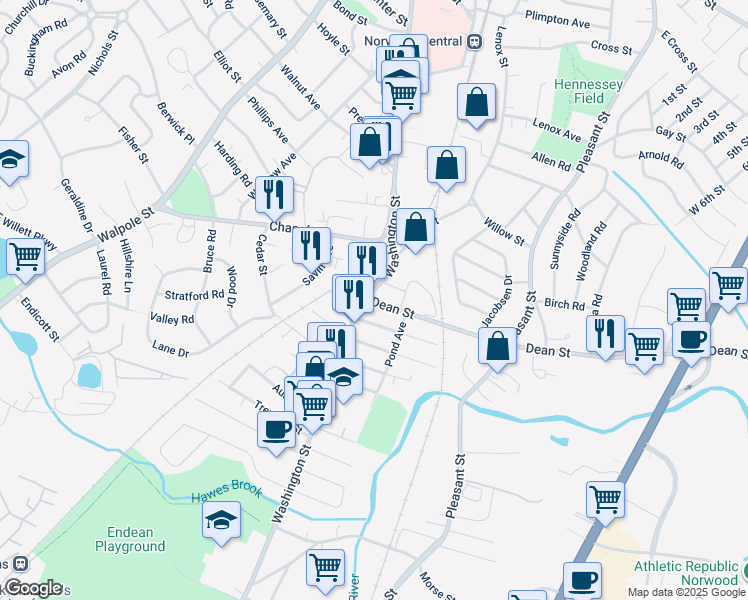 map of restaurants, bars, coffee shops, grocery stores, and more near 27 Dean Street in Norwood