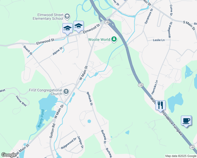 map of restaurants, bars, coffee shops, grocery stores, and more near 30 Rhodes Street in Millbury
