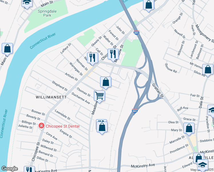 map of restaurants, bars, coffee shops, grocery stores, and more near 251 Meadow Street in Chicopee