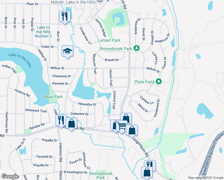 map of restaurants, bars, coffee shops, grocery stores, and more near 333 Council Trail in Lake in the Hills
