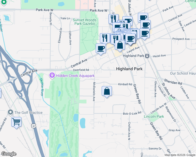 map of restaurants, bars, coffee shops, grocery stores, and more near 939 Kimball Road in Highland Park