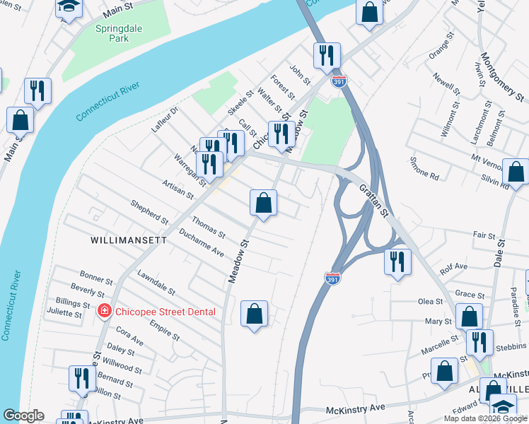 map of restaurants, bars, coffee shops, grocery stores, and more near 229 Meadow Street in Chicopee