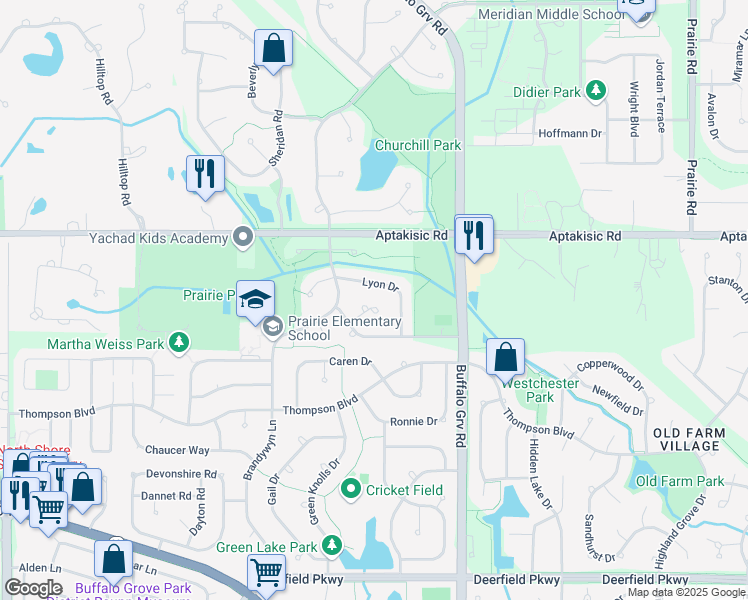 map of restaurants, bars, coffee shops, grocery stores, and more near 544 Lasalle Court in Buffalo Grove