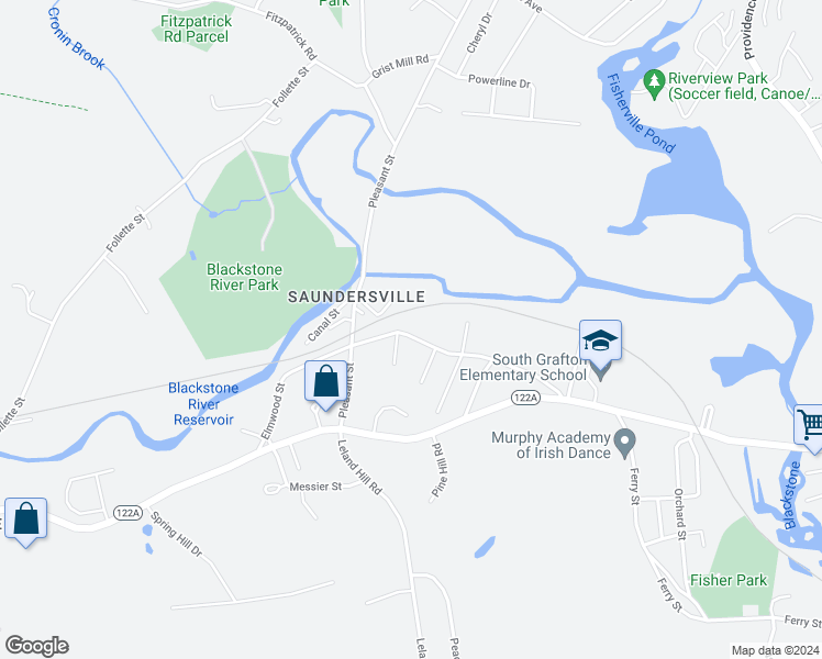 map of restaurants, bars, coffee shops, grocery stores, and more near 66 Elmwood Street in Grafton