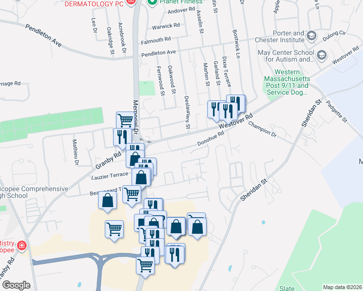 map of restaurants, bars, coffee shops, grocery stores, and more near 1534 Donohue Road in Chicopee