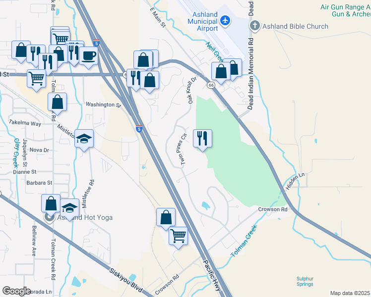 map of restaurants, bars, coffee shops, grocery stores, and more near 800 Twin Pines Circle in Ashland