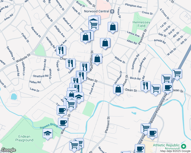 map of restaurants, bars, coffee shops, grocery stores, and more near 46 Dean Street in Norwood