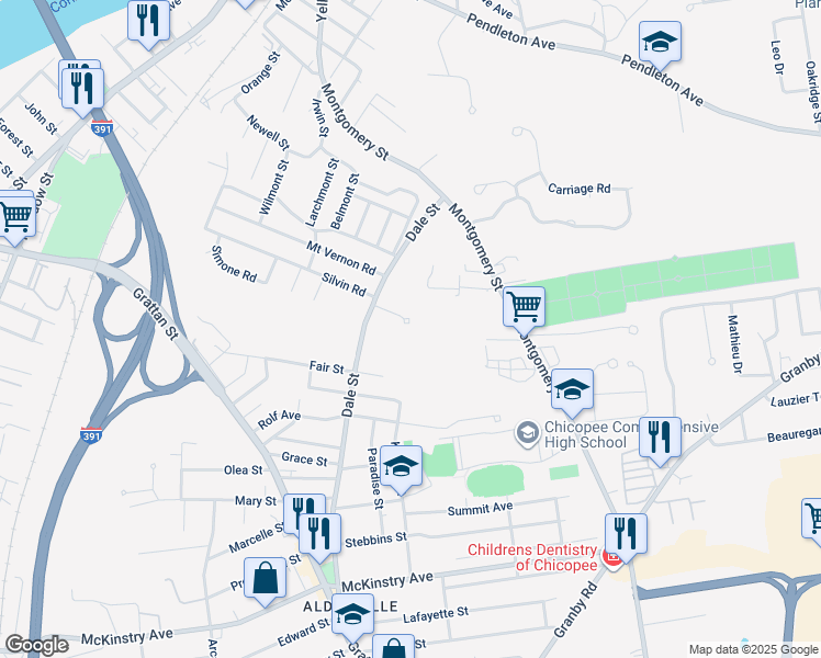 map of restaurants, bars, coffee shops, grocery stores, and more near 39 Dale Court in Chicopee