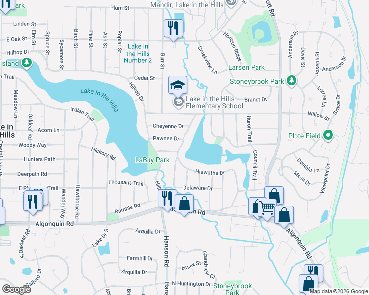 map of restaurants, bars, coffee shops, grocery stores, and more near 360 Hiawatha Drive in Lake in the Hills