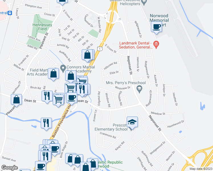 map of restaurants, bars, coffee shops, grocery stores, and more near 90 Westview Drive in Norwood