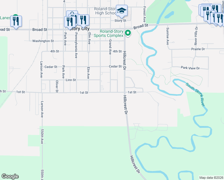 map of restaurants, bars, coffee shops, grocery stores, and more near 106 Grand Avenue in Story City