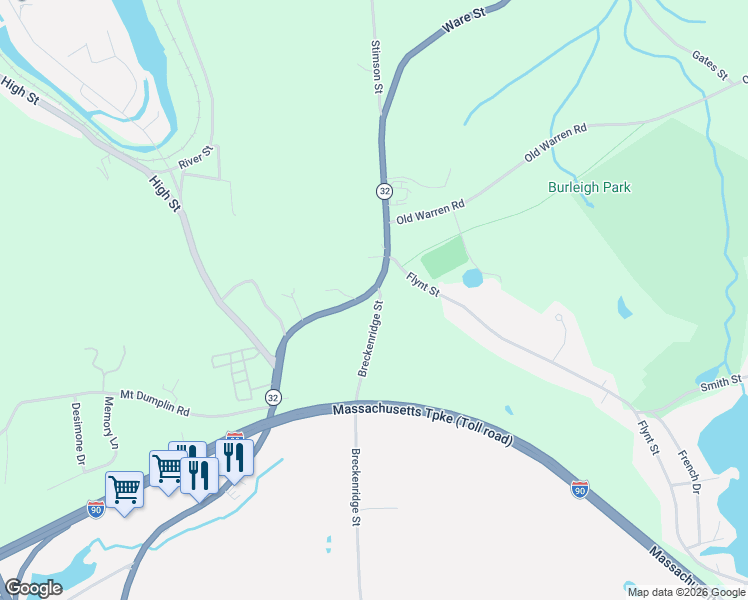 map of restaurants, bars, coffee shops, grocery stores, and more near 101 Ware Street in Palmer