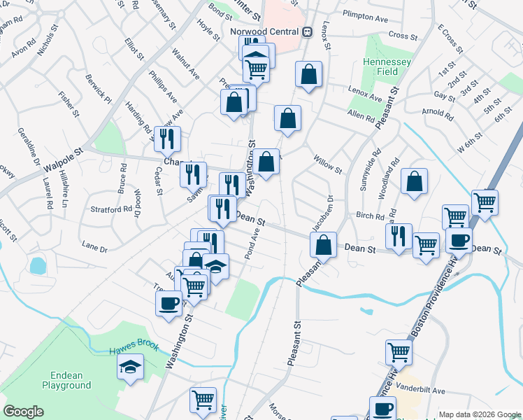 map of restaurants, bars, coffee shops, grocery stores, and more near 46 Dean Street in Norwood
