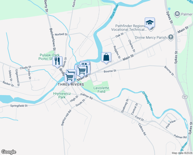 map of restaurants, bars, coffee shops, grocery stores, and more near 2 Belanger Street in Palmer