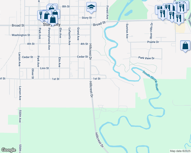 map of restaurants, bars, coffee shops, grocery stores, and more near 1016 Forty Oaks Drive in Story City