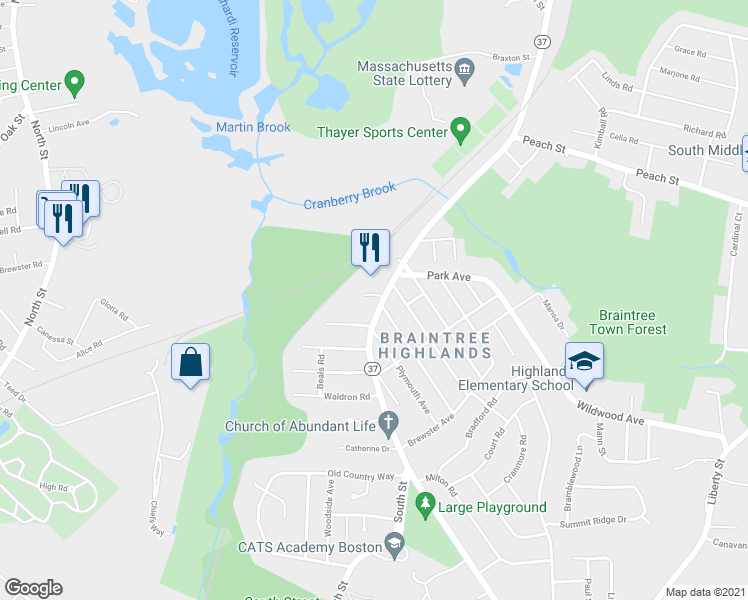 map of restaurants, bars, coffee shops, grocery stores, and more near 1756 Washington Street in Braintree