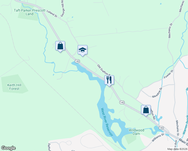 map of restaurants, bars, coffee shops, grocery stores, and more near 72 West Main Street in Upton