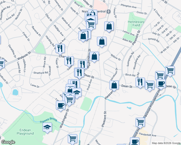 map of restaurants, bars, coffee shops, grocery stores, and more near 15 Lewis Avenue in Norwood