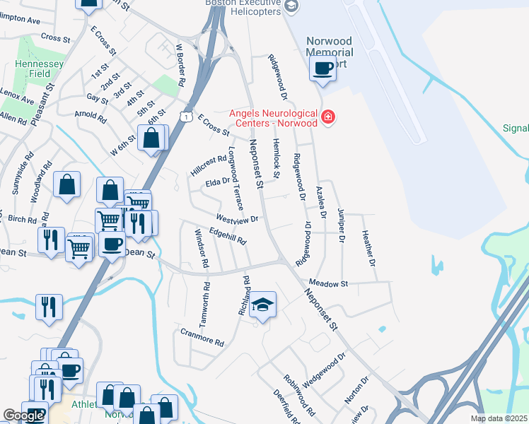 map of restaurants, bars, coffee shops, grocery stores, and more near Neponset Street in Norwood