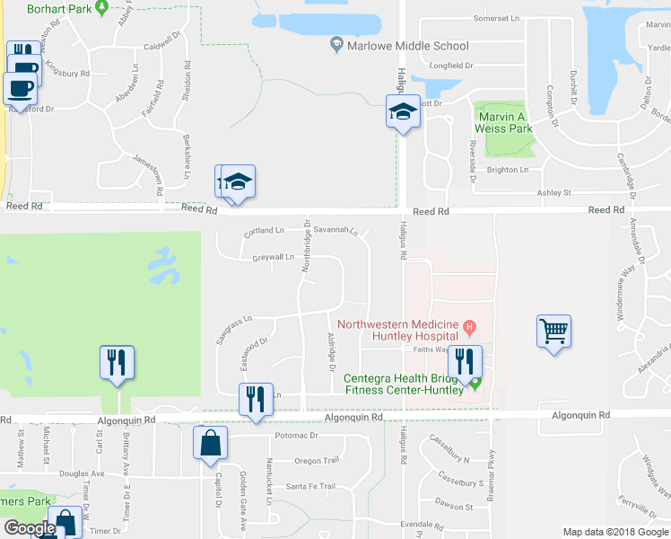 map of restaurants, bars, coffee shops, grocery stores, and more near 10235 Mayflower Lane in Huntley