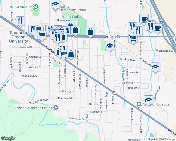 map of restaurants, bars, coffee shops, grocery stores, and more near 756 Park Street in Ashland