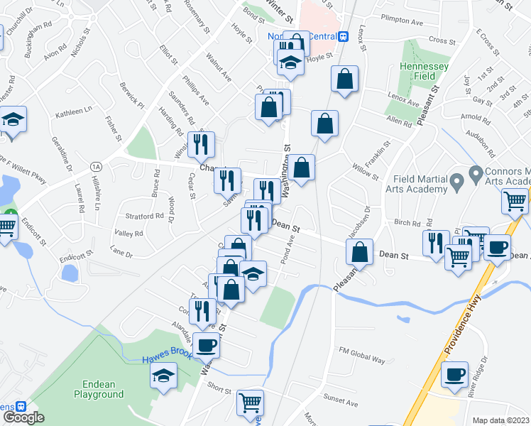 map of restaurants, bars, coffee shops, grocery stores, and more near 855 Washington Street in Norwood