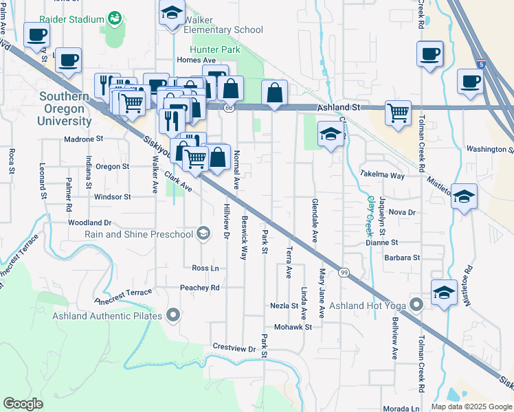 map of restaurants, bars, coffee shops, grocery stores, and more near 1801 Siskiyou Boulevard in Ashland