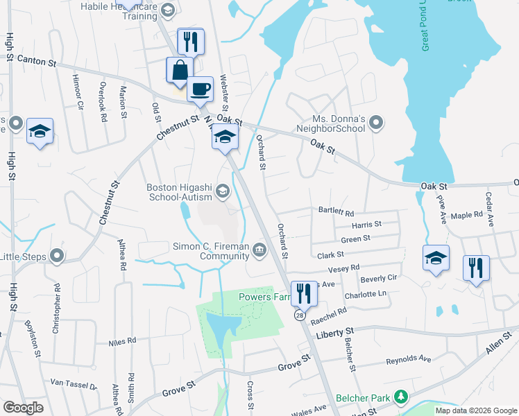 map of restaurants, bars, coffee shops, grocery stores, and more near 731 North Main Street in Randolph