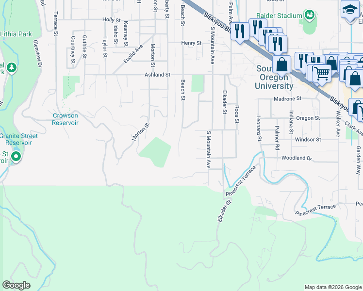 map of restaurants, bars, coffee shops, grocery stores, and more near 800 Beach Street in Ashland