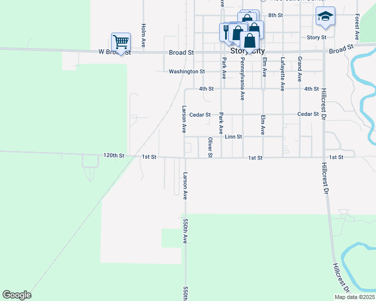 map of restaurants, bars, coffee shops, grocery stores, and more near 110 Larson Avenue in Story City