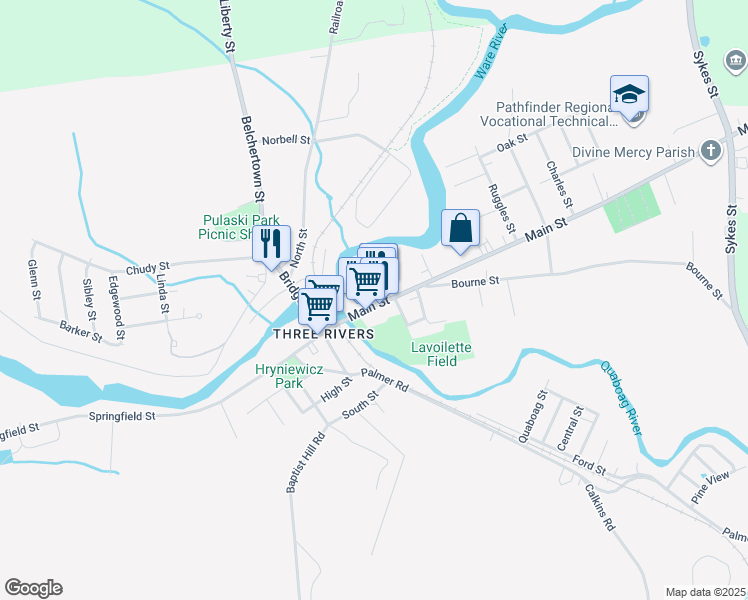 map of restaurants, bars, coffee shops, grocery stores, and more near 12 Lariviere Avenue in Palmer