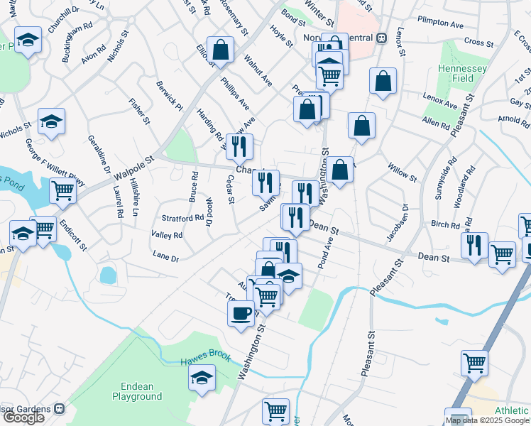 map of restaurants, bars, coffee shops, grocery stores, and more near 38 Savin Avenue in Norwood