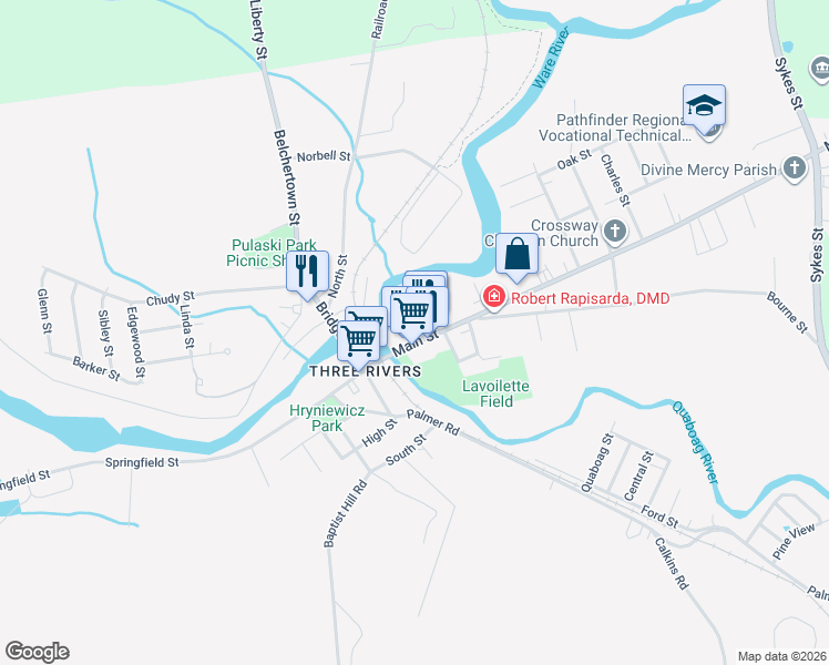 map of restaurants, bars, coffee shops, grocery stores, and more near 13 Lariviere Avenue in Palmer