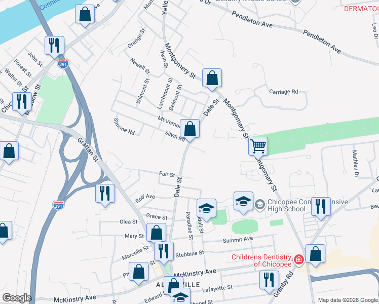 map of restaurants, bars, coffee shops, grocery stores, and more near 366 Dale Street in Chicopee