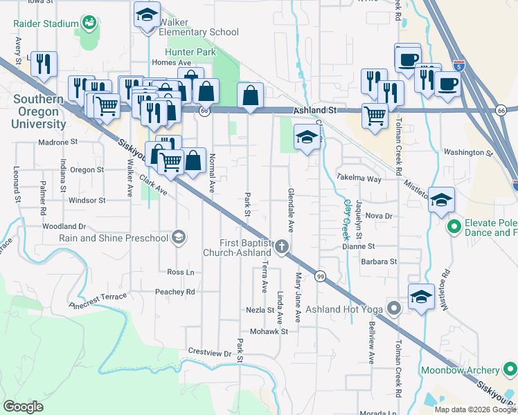 map of restaurants, bars, coffee shops, grocery stores, and more near 756 Park Street in Ashland