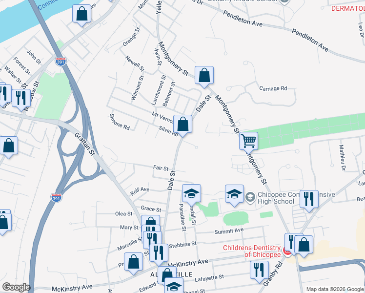 map of restaurants, bars, coffee shops, grocery stores, and more near 366 Dale Street in Chicopee