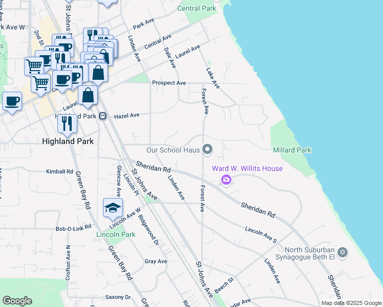 map of restaurants, bars, coffee shops, grocery stores, and more near 344 Ravine Drive in Highland Park