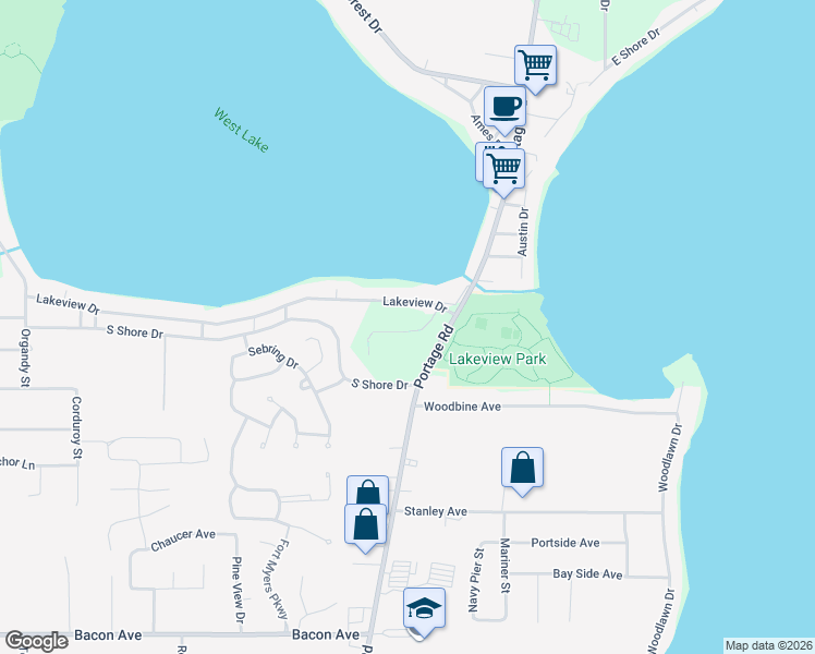 map of restaurants, bars, coffee shops, grocery stores, and more near 1849 Lakeview Drive in Portage
