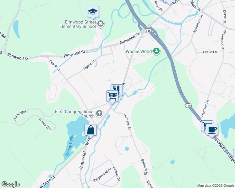 map of restaurants, bars, coffee shops, grocery stores, and more near 4 High Street in Millbury