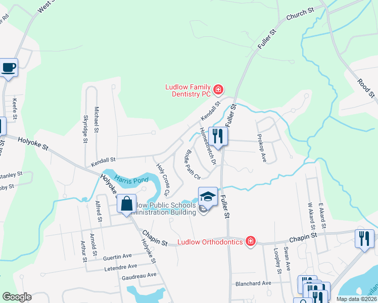 map of restaurants, bars, coffee shops, grocery stores, and more near 134 Bridle Path Circle in Ludlow