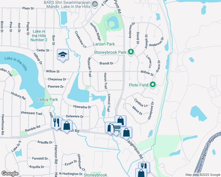 map of restaurants, bars, coffee shops, grocery stores, and more near 821 Navajo Drive in Lake in the Hills