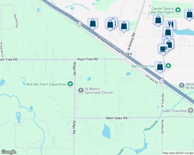 map of restaurants, bars, coffee shops, grocery stores, and more near 589 Plum Tree Road in Barrington