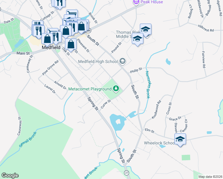 map of restaurants, bars, coffee shops, grocery stores, and more near 121 Pleasant Street in Medfield