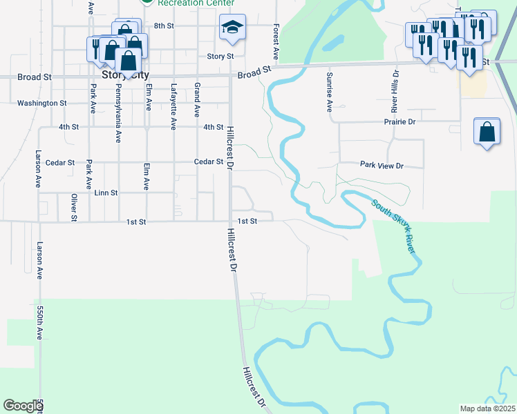 map of restaurants, bars, coffee shops, grocery stores, and more near 1055 Forty Oaks Drive in Story City