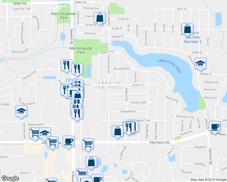 map of restaurants, bars, coffee shops, grocery stores, and more near 3 Woody Way in Lake in the Hills